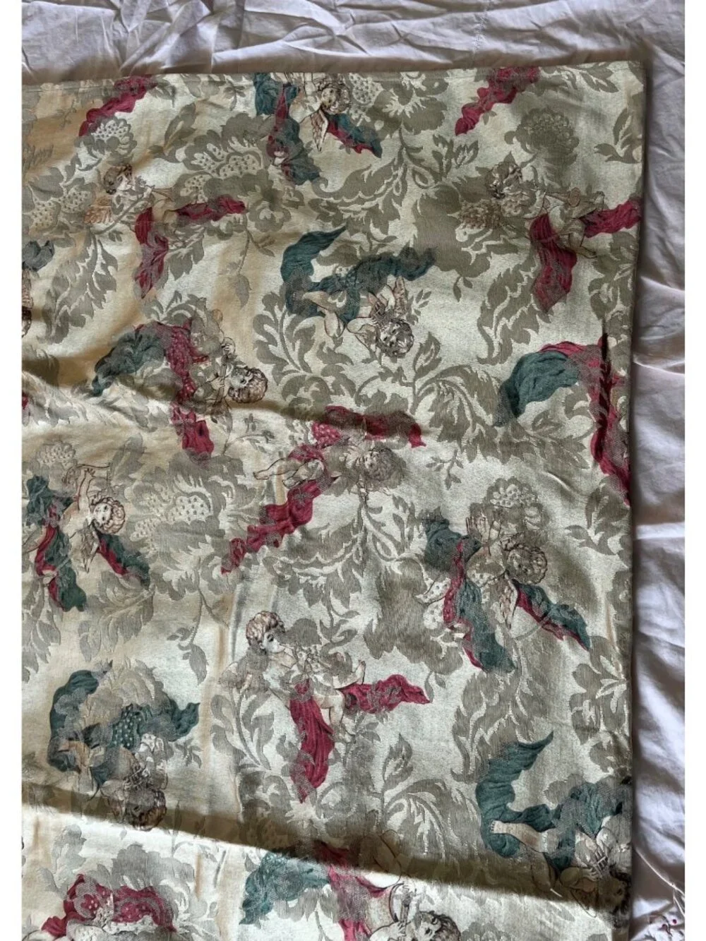 Vintage Cherub Pattern Jacquard Tablecloth Floral Design Gold Red Green 48”x110”